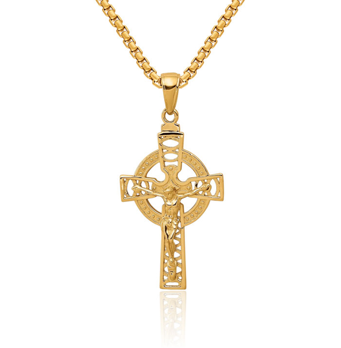 10K Solid Yellow Gold Heart Irish Claddagh Celtic Lord Jesus Christ Crucifix Holy Iona Cross Necklace Religious Chain Pendant Charm Jewelry