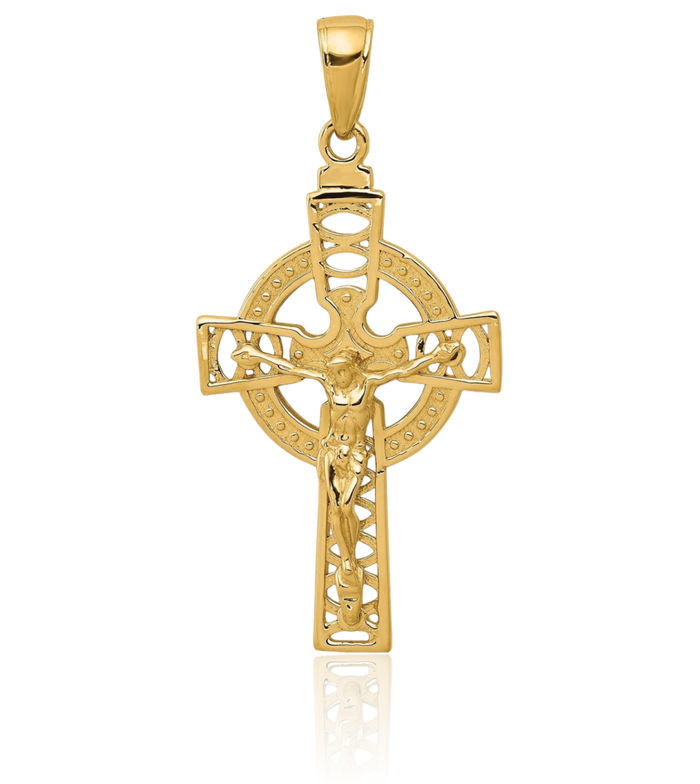 10K Solid Yellow Gold Heart Irish Claddagh Celtic Lord Jesus Christ Crucifix Holy Iona Cross Necklace Religious Chain Pendant Charm Jewelry