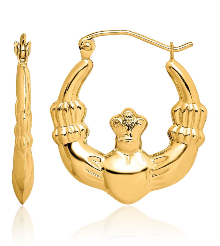10K Solid Yellow Gold Heart Irish Claddagh Celtic Medium Hoop Earrings Jewelry