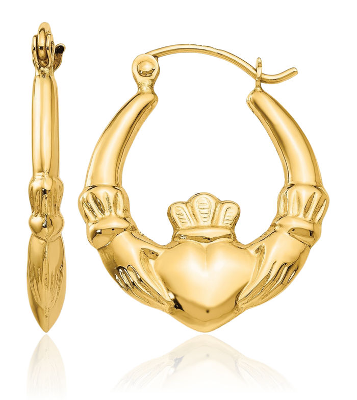 10K Solid Yellow Gold Heart Irish Claddagh Celtic Medium Hoop Earrings Jewelry