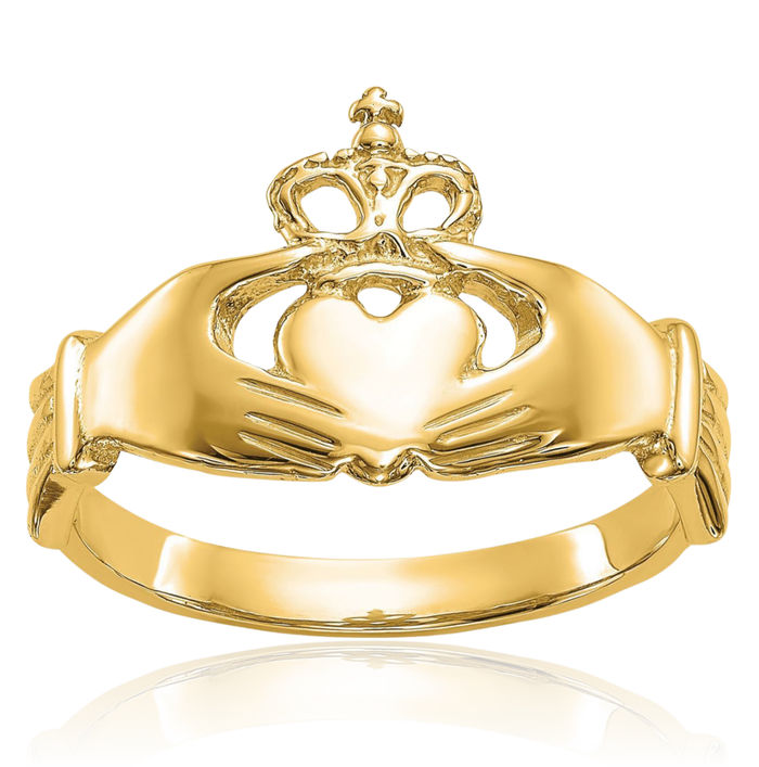 10K Solid Yellow Gold Heart Irish Claddagh Celtic Ring Chunky Dome Statement Band Jewelry