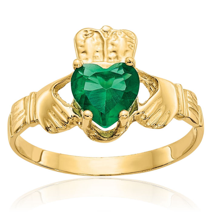 10K Solid Yellow Gold Heart Irish Claddagh Celtic Ring May Birthstone Jewelry