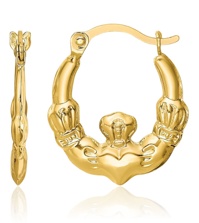 10K Solid Yellow Gold Heart Irish Claddagh Celtic Small Hoop Earrings Jewelry