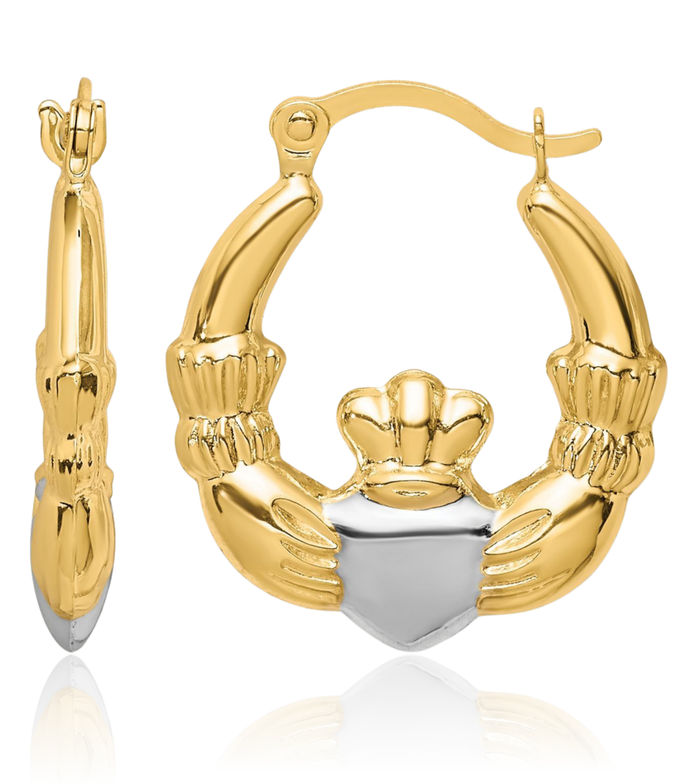 10K Solid Yellow Gold Heart Irish Claddagh Celtic Small Hoop Earrings Jewelry