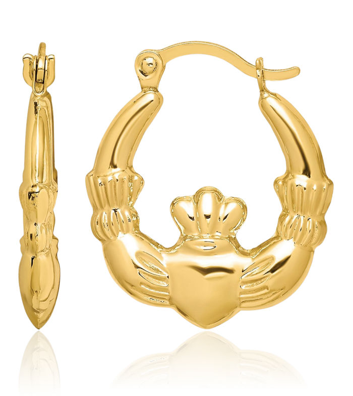 10K Solid Yellow Gold Heart Irish Claddagh Celtic Small Hoop Earrings Jewelry