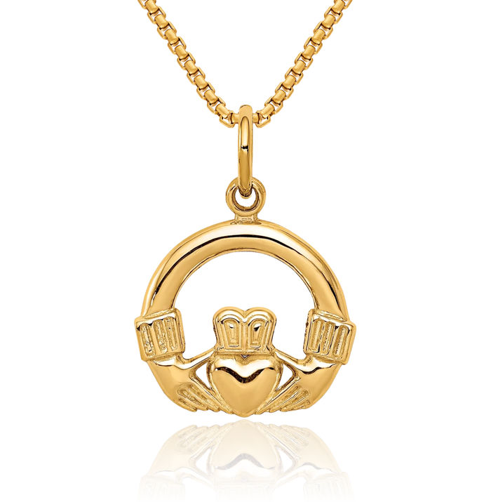 10K Solid Yellow Gold Heart Irish Claddagh Necklace Celtic Charm Pendant Jewelry