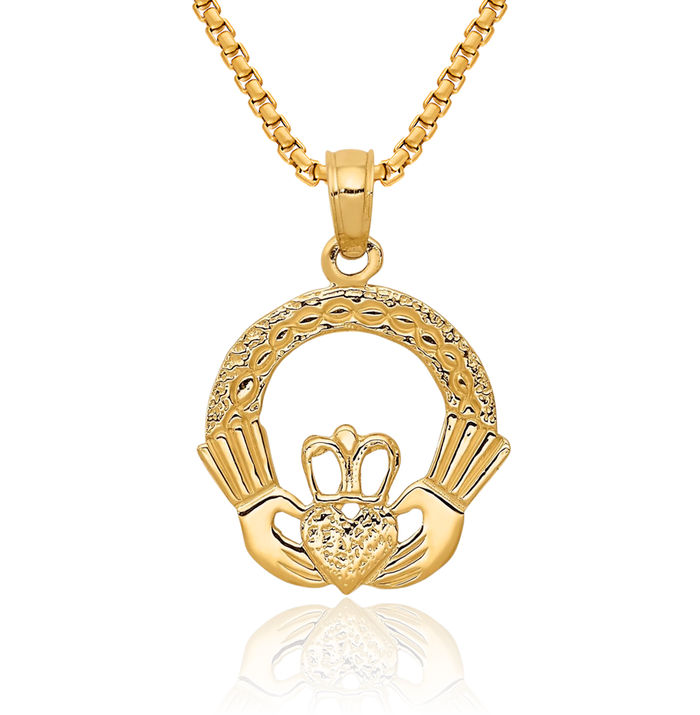 10K Solid Yellow Gold Heart Irish Claddagh Necklace Celtic Charm Pendant Jewelry