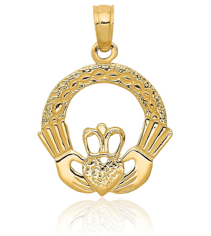 10K Solid Yellow Gold Heart Irish Claddagh Necklace Celtic Charm Pendant Jewelry