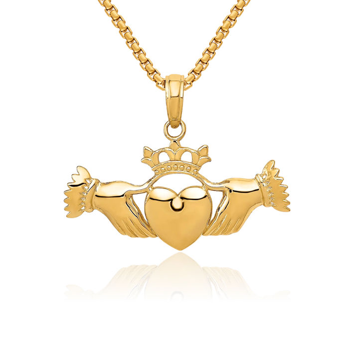 10K Solid Yellow Gold Heart Irish Claddagh Necklace Celtic Charm Pendant Jewelry
