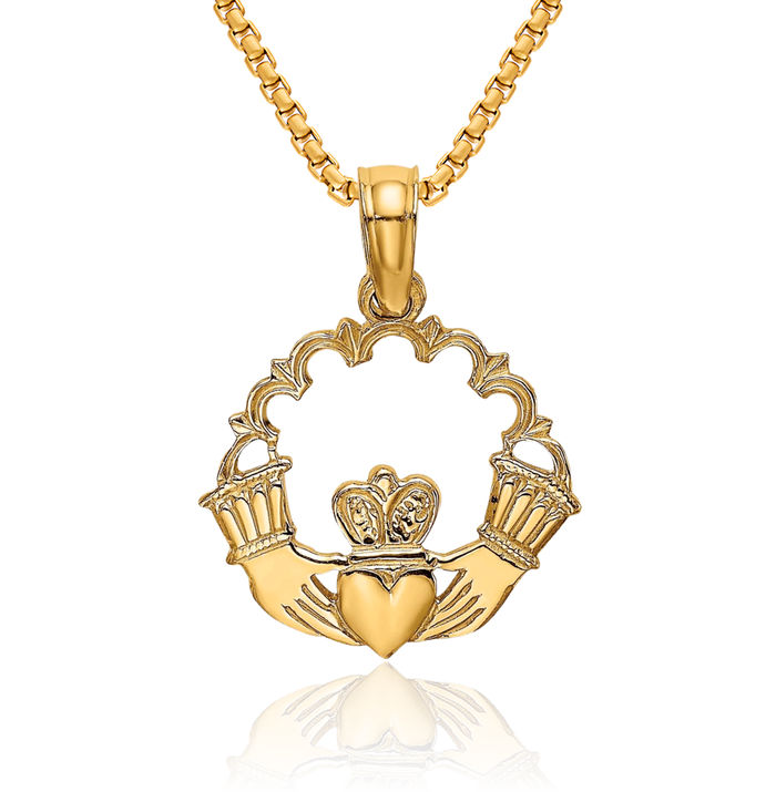 10K Solid Yellow Gold Heart Irish Claddagh Scallop Circle Round Necklace Celtic Charm Pendant Jewelry