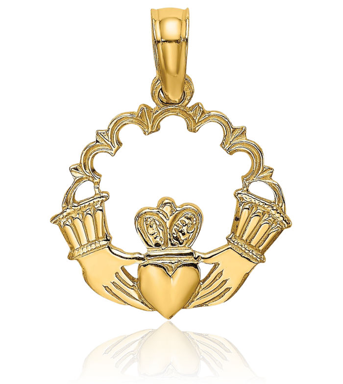 10K Solid Yellow Gold Heart Irish Claddagh Scallop Circle Round Necklace Celtic Charm Pendant Jewelry