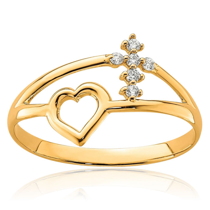 10K Solid Yellow Gold Heart Holy Cross Cubic Zirconia CZ Ring Christian Religious Band