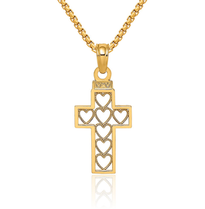 10K Solid Yellow Gold Heart Holy Cross Necklace Religious Chain Pendant Jesus Christ Charm