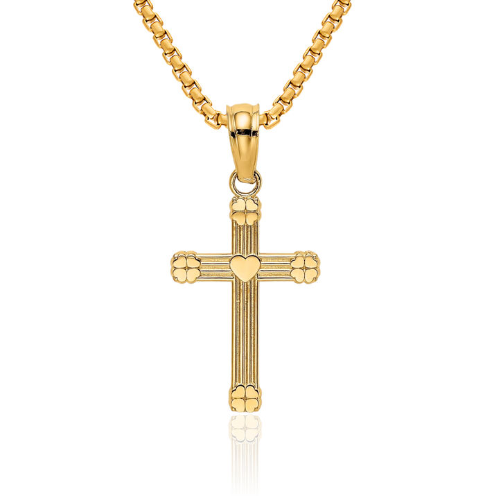 10K Solid Yellow Gold Heart Latin Mexican Holy Cross Necklace Religious Chain Pendant Jesus Christ Charm