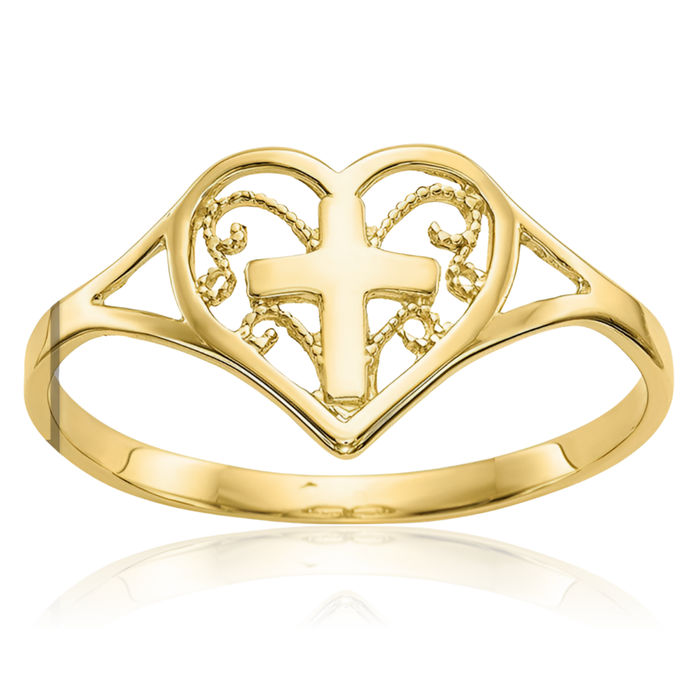 10K Solid Yellow Gold Heart Holy Cross Ring Christian Religious Band