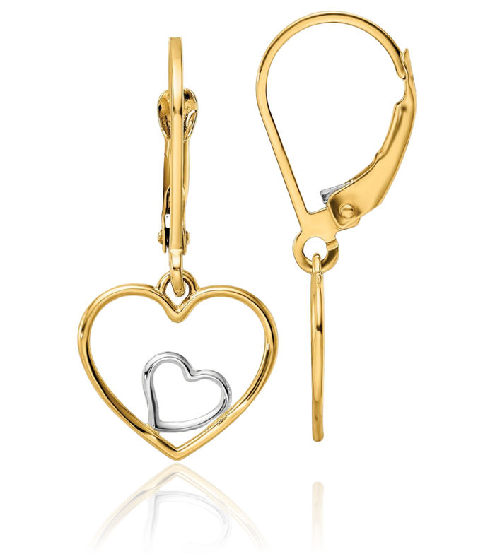 10K Solid Yellow Gold Heart Drop Dangle Earrings