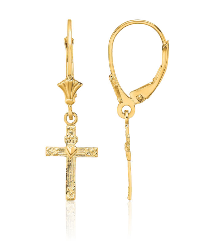 10K Solid Yellow Gold Heart Hanging Holy Cross Christian Religious Drop Dangle Earrings