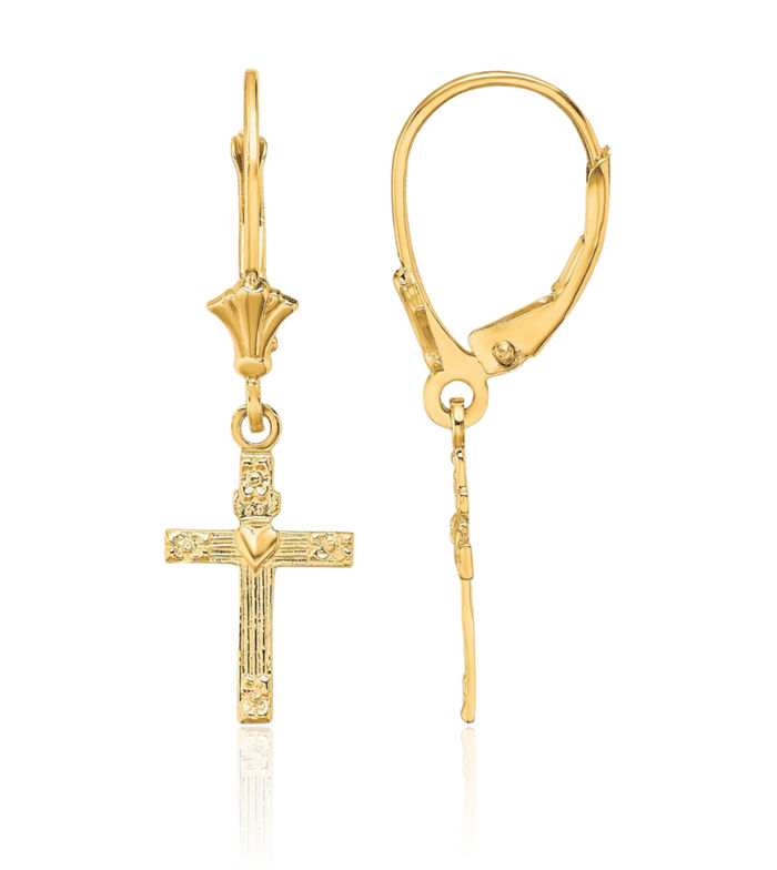 10K Solid Yellow Gold Heart Hanging Holy Cross Christian Religious Drop Dangle Earrings