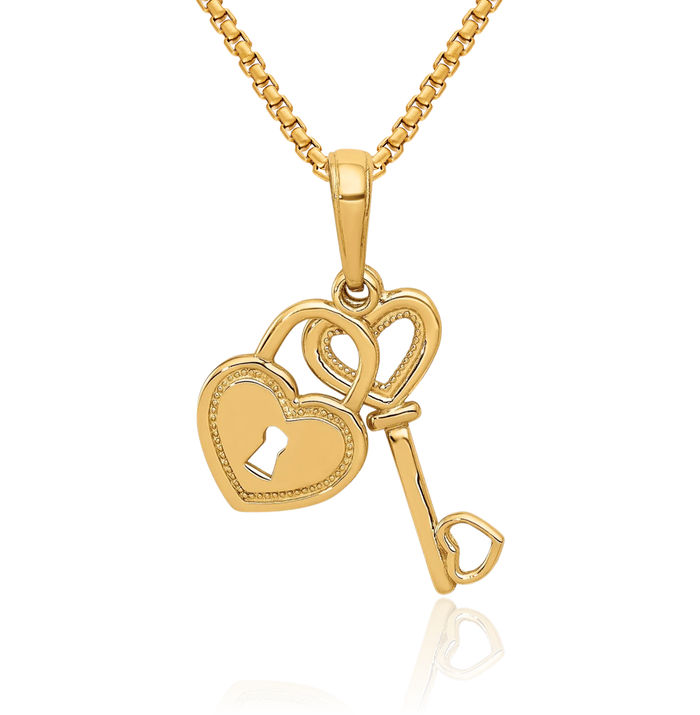 10K Solid Yellow Gold Heart Key Lock Necklace Chain Pendant Charm