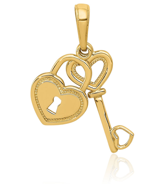 10K Solid Yellow Gold Heart Key Lock Necklace Chain Pendant Charm