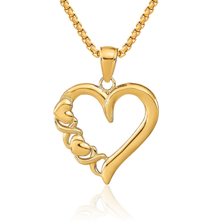 10K Solid Yellow Gold Heart Kisses Hugs Necklace Chain Pendant Charm