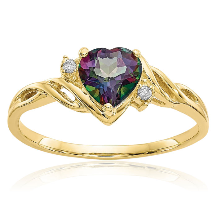 10K Solid Yellow Gold Heart Mystic Fire Topaz Diamond Ring Gemstone Band