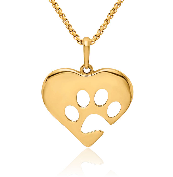 10K Solid Yellow Gold Heart Paw Print Pet Necklace Chain Pendant Charm