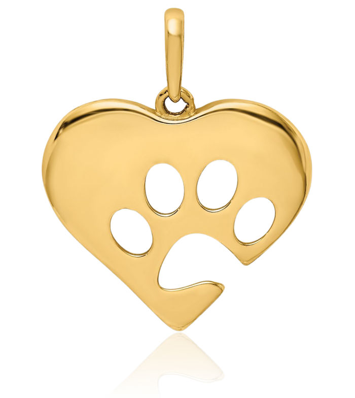 10K Solid Yellow Gold Heart Paw Print Pet Necklace Chain Pendant Charm