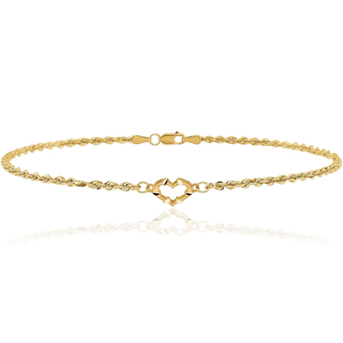 14K Solid Yellow Gold Heart Rope Chain Anklet Summer Beach Foot Ankle Bracelet