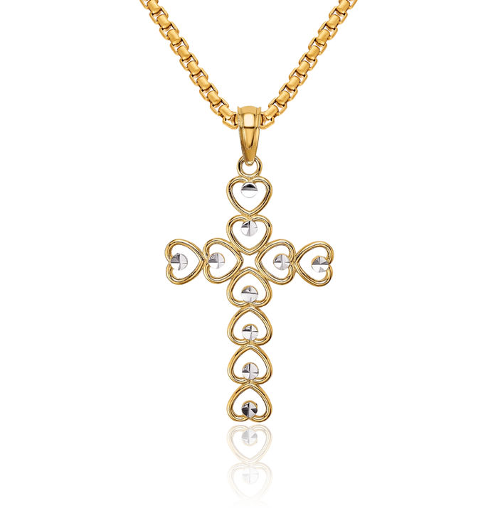 10K Solid Yellow Gold Heart S Holy Cross Necklace Religious Chain Pendant Jesus Christ Charm