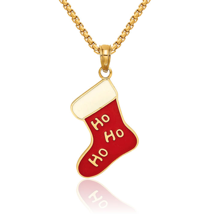 10K Solid Yellow Gold Ho Christmas Stocking Necklace Chain Pendant Charm