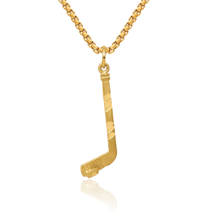 10K Solid Yellow Gold Hockey Goalie Stick Puck Glove Necklace Charm Sports Pendant