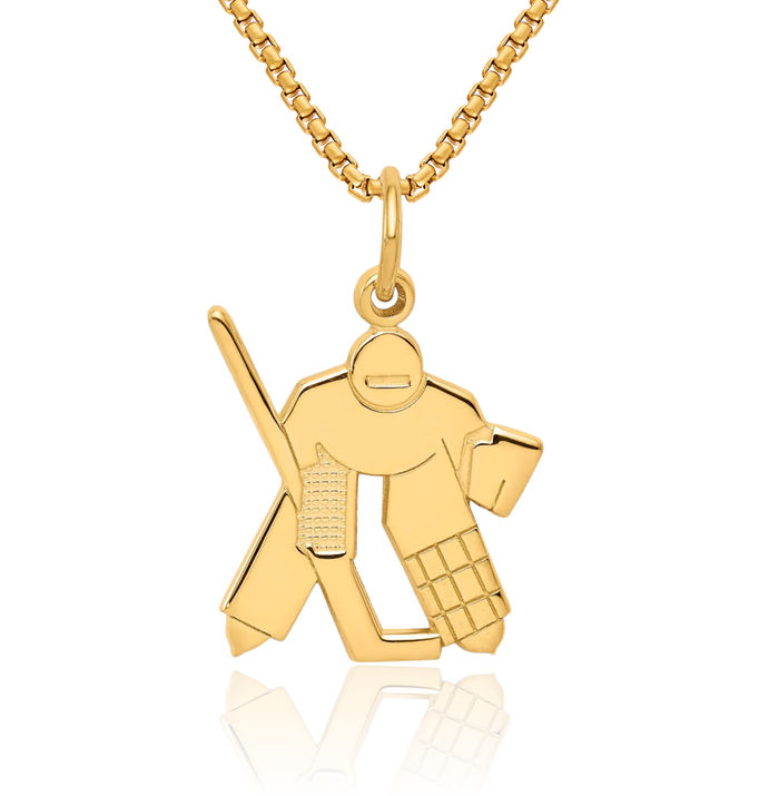 10K Solid Yellow Gold Hockey Goalie Stick Puck Glove Necklace Charm Sports Pendant