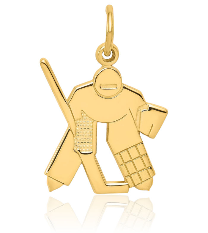 10K Solid Yellow Gold Hockey Goalie Stick Puck Glove Necklace Charm Sports Pendant