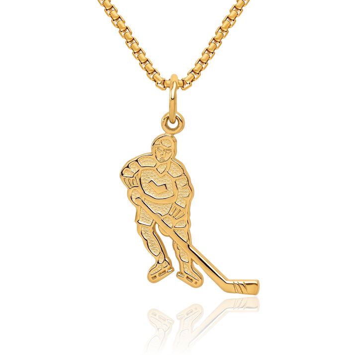 10K Solid Yellow Gold Hockey Goalie Stick Puck Glove Necklace Charm Sports Pendant