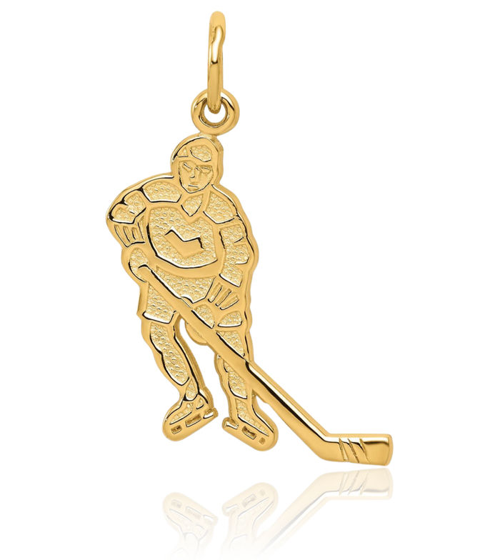 10K Solid Yellow Gold Hockey Goalie Stick Puck Glove Necklace Charm Sports Pendant