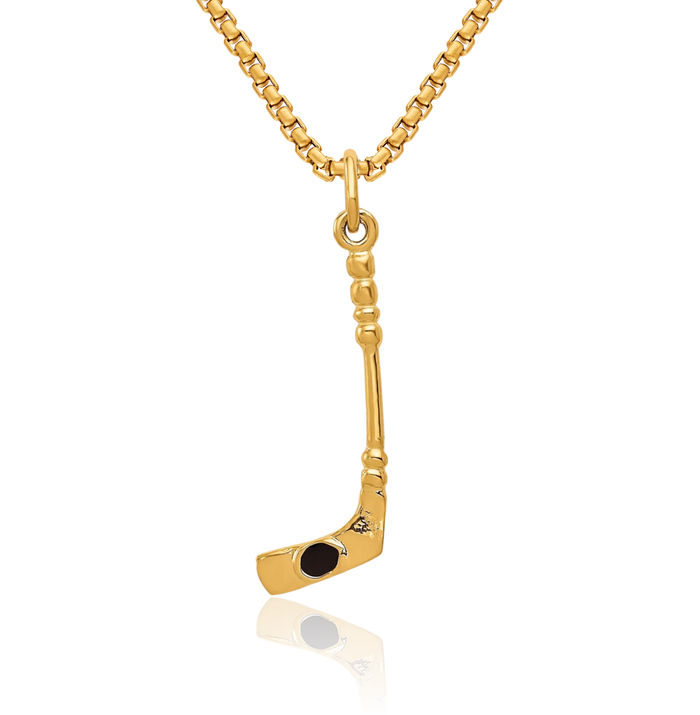 10K Solid Yellow Gold Hockey Goalie Stick Puck Glove Necklace Charm Sports Pendant