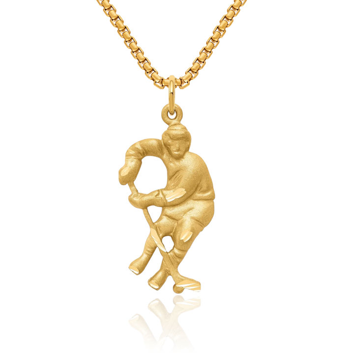 10K Solid Yellow Gold Hockey Goalie Stick Puck Glove Player Necklace Charm Sports Pendant