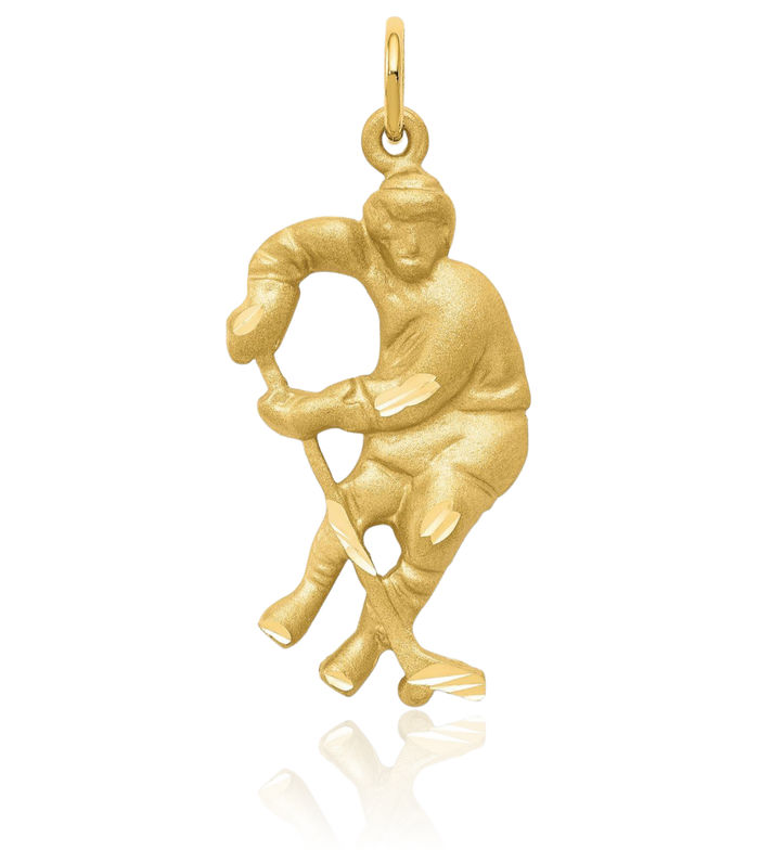 10K Solid Yellow Gold Hockey Goalie Stick Puck Glove Player Necklace Charm Sports Pendant