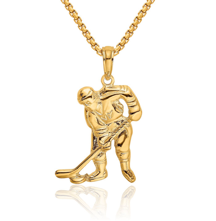 10K Solid Yellow Gold Hockey Goalie Stick Puck Glove Player Necklace Charm Sports Pendant