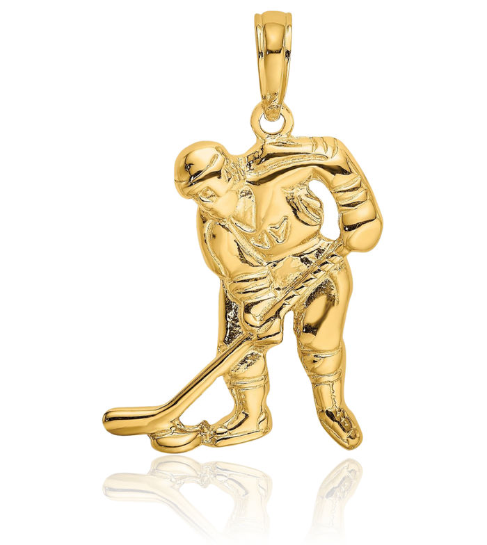 10K Solid Yellow Gold Hockey Goalie Stick Puck Glove Player Necklace Charm Sports Pendant