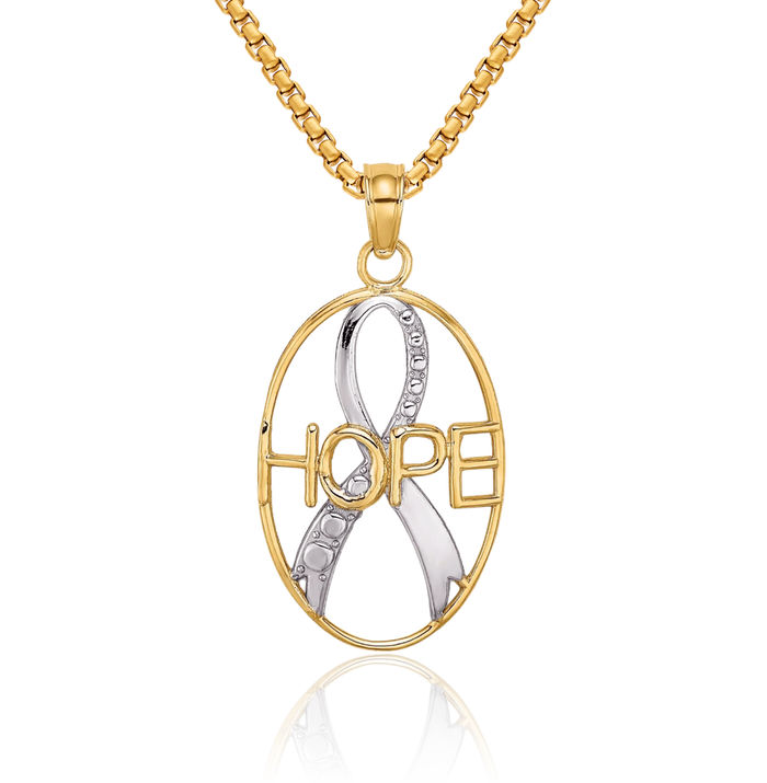 10K Solid Yellow Gold Hope Cancer Awareness Ribbon Necklace Chain Pendant Charm