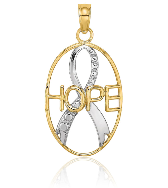 10K Solid Yellow Gold Hope Cancer Awareness Ribbon Necklace Chain Pendant Charm