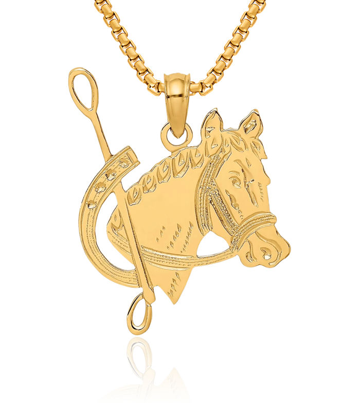 10K Solid Yellow Gold Horse Head Shoe Necklace Animal Lover Pendant Equestrian Charm