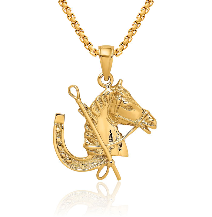 10K Solid Yellow Gold Horse Head Shoe Necklace Animal Lover Pendant Equestrian Charm