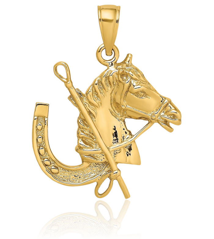 10K Solid Yellow Gold Horse Head Shoe Necklace Animal Lover Pendant Equestrian Charm