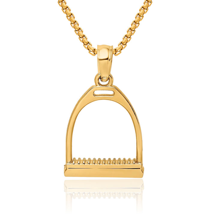 10K Solid Yellow Gold Horse Head Stirrup Necklace Animal Lover Pendant Equestrian Charm