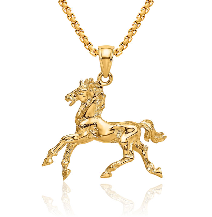 10K Solid Yellow Gold Horse Head Trotting Necklace Animal Lover Pendant Equestrian Charm