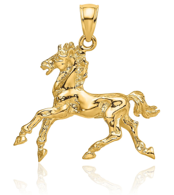 10K Solid Yellow Gold Horse Head Trotting Necklace Animal Lover Pendant Equestrian Charm