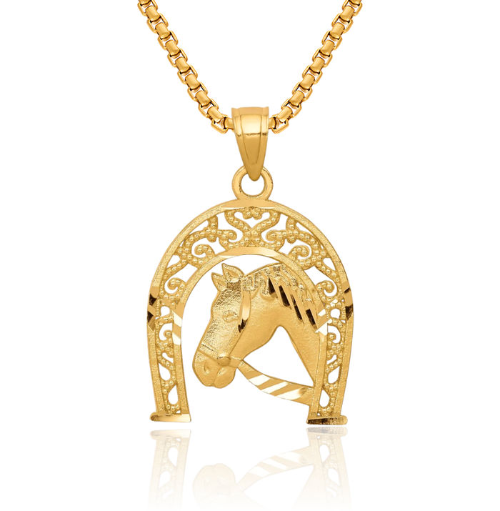 10K Solid Yellow Gold Lucky Horseshoe Horse Head Necklace Animal Lover Pendant Equestrian Charm